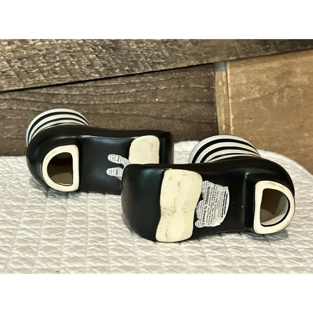 Vintage Ceramic Boots Candle Stick‎ Holder Shoe Figurines Black White Stripe